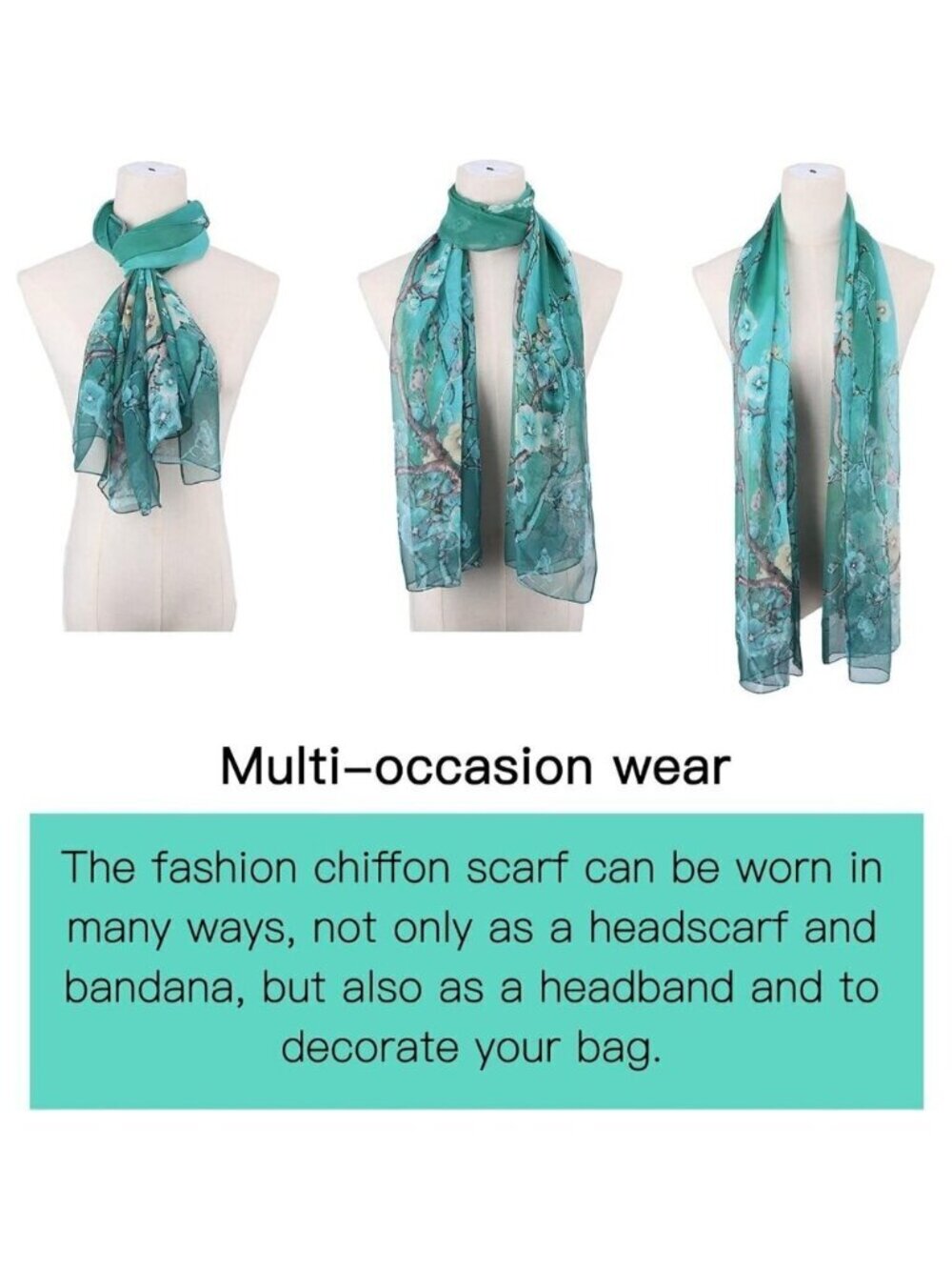 Women's Dark Green Fashion Lightweight Head Scarf Floral Print Chiffon Scarf - Picture 4 of 7